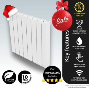 Vantage Connect Electric Radiators main product image detailing the acessible controls, fluid core, energy-saving functions, and Ecodesign Regulations Lot 20 Compliance.