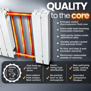 Anotated image displaying cut-away of the fluid core inside the Vantage Connect electric radiator