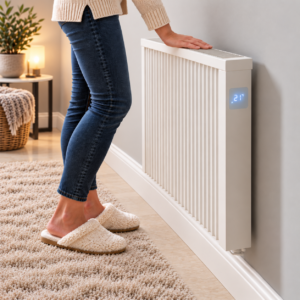 German ceramic electric radiator image. This image shows the Aeroflow elecgtric Radiator by Electrorad wall-mounted in a lounge. The purpose of the image is to show the size of the radiator in relation to a homeowner, and the aesthetic nature of the product.
