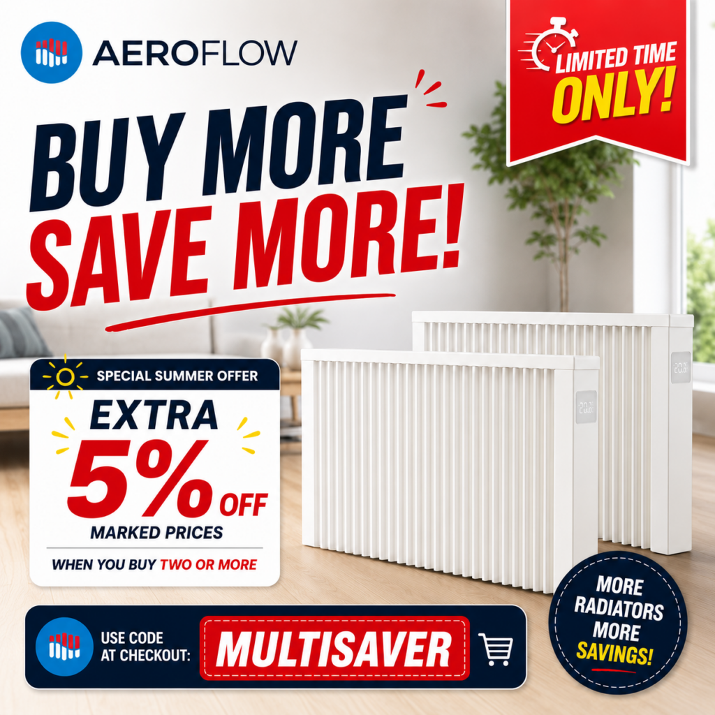 Image is for promotional purposes to advertise Electric Heating Expert's special offer on Aeroflow Electric Radiators - Buy two or more and save an extra 5%