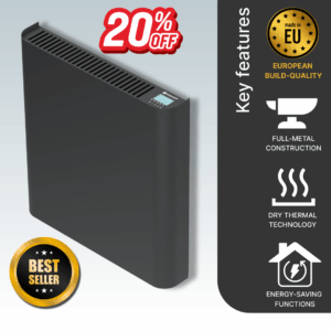 Anthracite Ecopanel XT Electric Radiator main product image detailing the dry thermal technology and high-quality European manufacturing techniques.