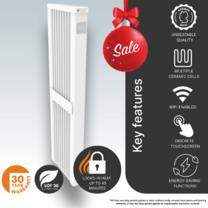 The 1600w AF10E Aeroflow German Electric Radiator main product image detiliang the ceramimc clay core, heat retention, energy-saving technology, and controls designed for easy access.