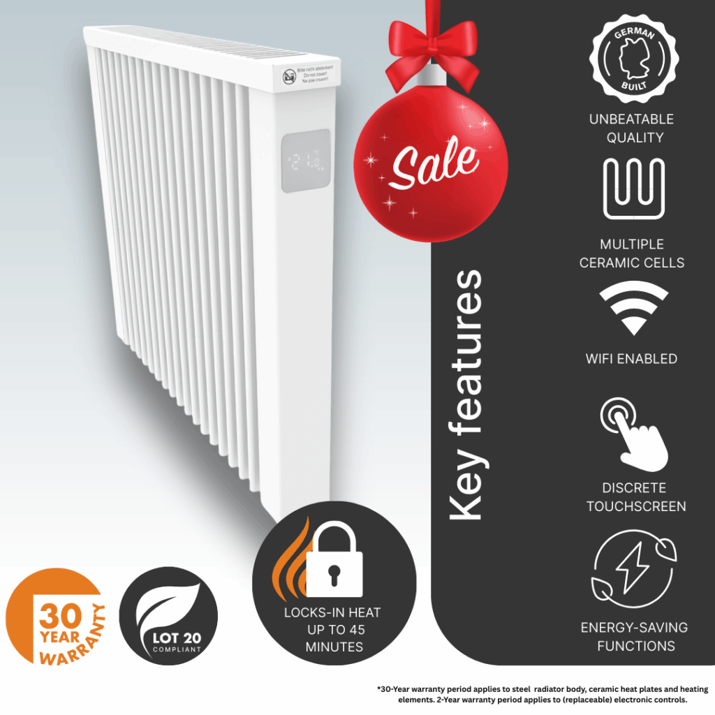 The 1300w AF03E Aeroflow German Electric Radiator main product image detiliang the ceramimc clay core, heat retention, energy-saving technology, and controls designed for easy access.