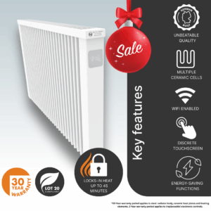 The 2000w AF05E Aeroflow German Electric Radiator main product image detiliang the ceramimc clay core, heat retention, energy-saving technology, and controls designed for easy access.