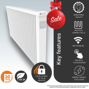 The 2500w AF07E Aeroflow German Electric Radiator main product image detiliang the ceramimc clay core, heat retention, energy-saving technology, and controls designed for easy access.