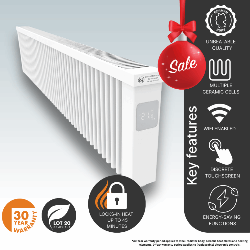 The 2000w Low-Height AF14E Aeroflow German Electric Radiator main product image detiliang the ceramimc clay core, heat retention, energy-saving technology, and controls designed for easy access.