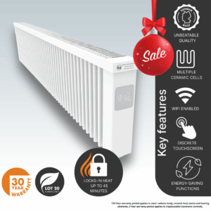 The 2000w Low-Height AF14E Aeroflow German Electric Radiator main product image detiliang the ceramimc clay core, heat retention, energy-saving technology, and controls designed for easy access.