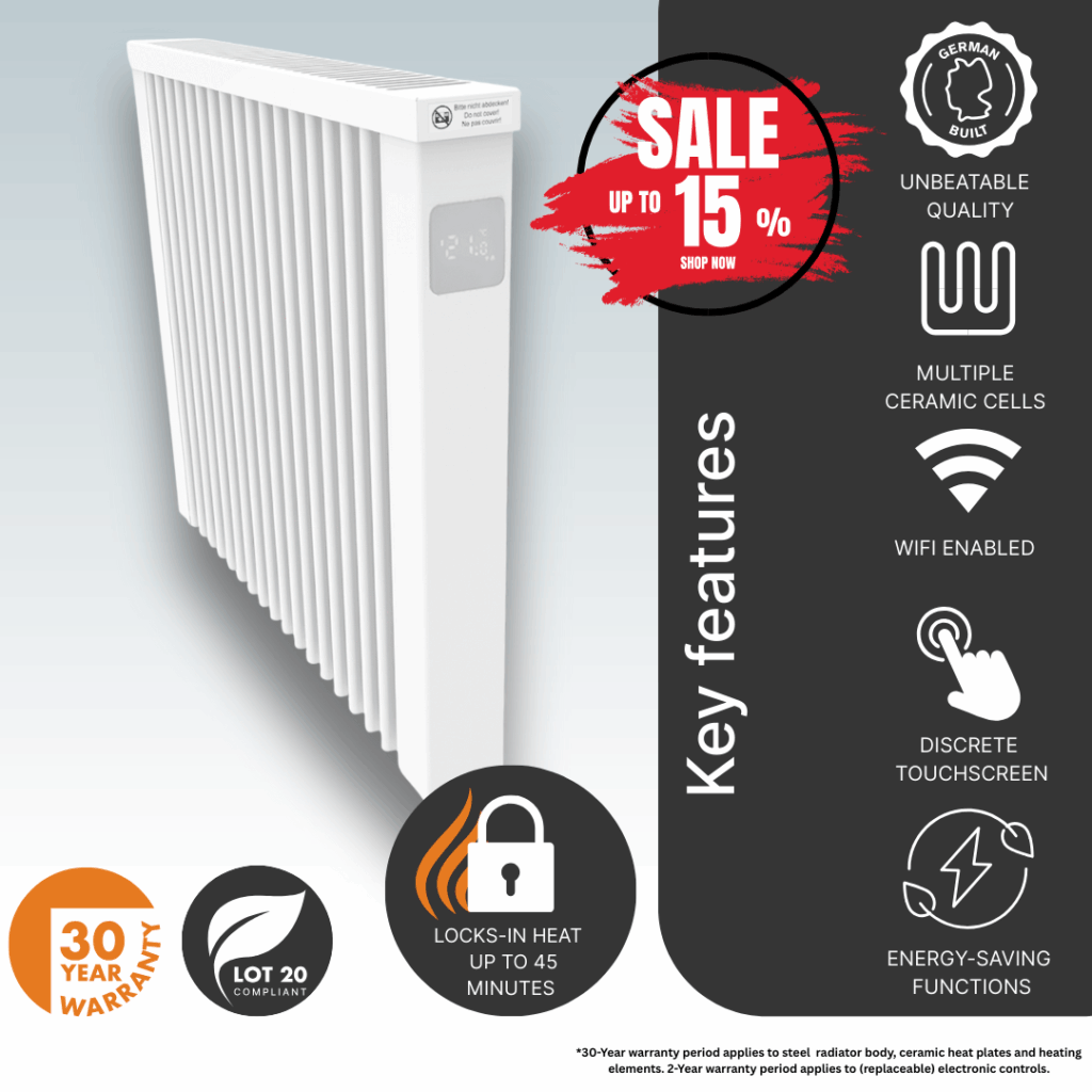 Main product image detailing the Aeroflow Electric Radiator, the ceramic heat-retaining core, and WiFi-enabled control interface. Made in Germany, the Aeroflow is very high quality.