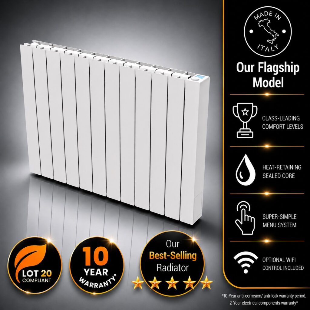 This image depcits the Vantage Connect Electric WiFi Radiator within an infographic. Information incuded is the 10-year warranty period, class-leading comfort levels on offer, WiFi control, and heat-retaining sealed fluid core.