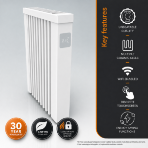 Main product image of the AF01 650w Aeroflow Electric Radiator by Electrorad. This image illustrates the product and also the features and benefits, including heat retention, a 30-year warranty, and energy-saving functions.