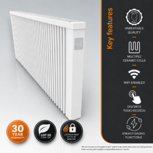 Main product image of the AF07 2500w Aeroflow Electric Radiator by Electrorad. This image illustrates the product and also the features and benefits, including heat retention, a 30-year warranty, and energy-saving functions.