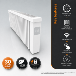 Main product image of the AF12 1200w Low-height Aeroflow Electric Radiator by Electrorad. This image illustrates the product and also the features and benefits, including heat retention, a 30-year warranty, and energy-saving functions.