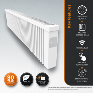 Main product image of the AF14 2000w Low-Height Aeroflow Electric Radiator by Electrorad. This image illustrates the product and also the features and benefits, including heat retention, a 30-year warranty, and energy-saving functions.