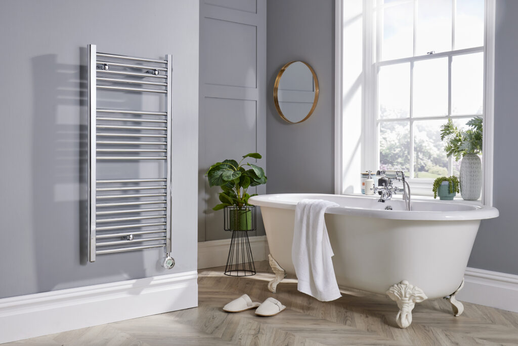 The Modus Heated Towel Rail from Electric Heating Expert is available in two sizes and wattage ratings. It's made in high-quality chromed steel and it's fully programmable.