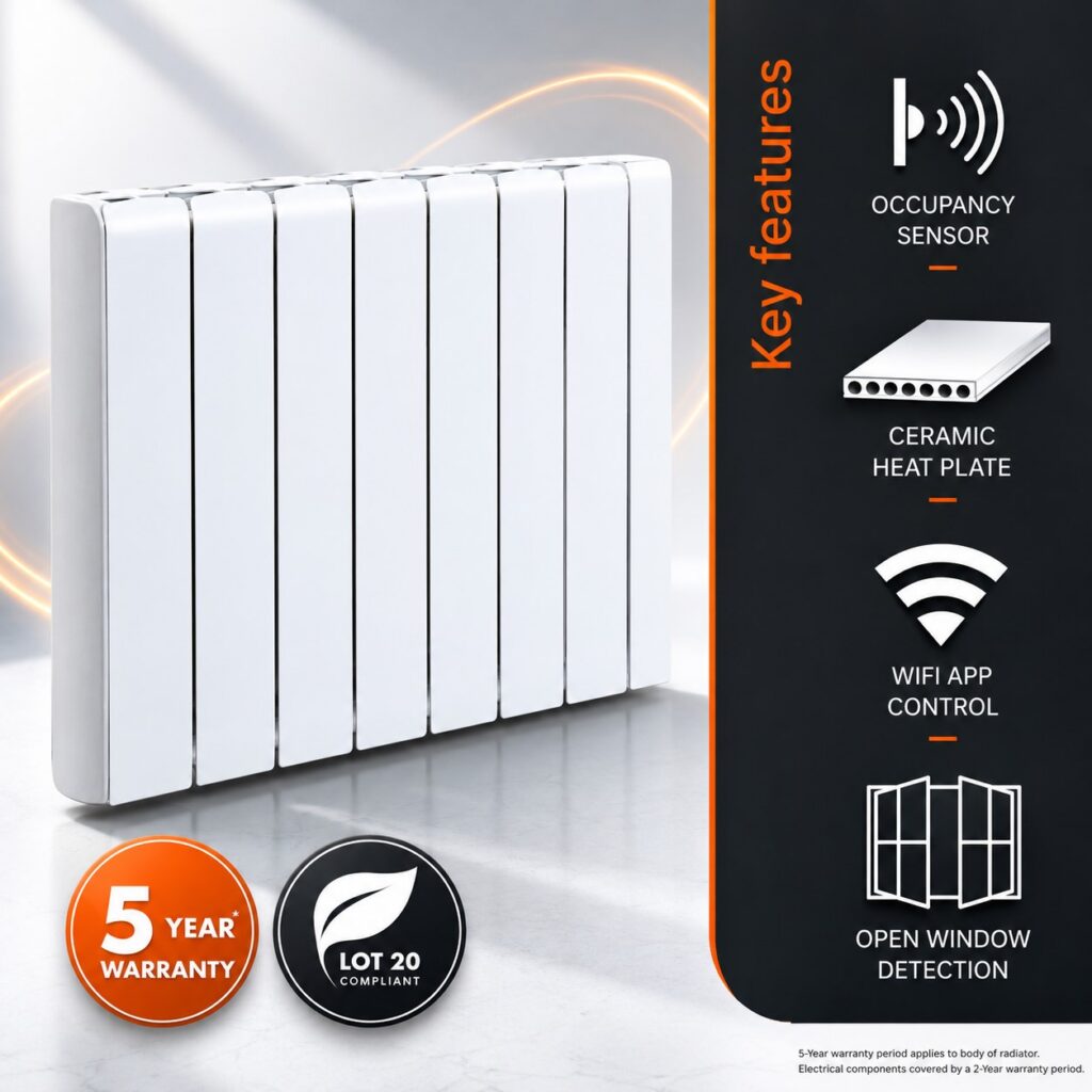 The Electrorad Accorto 2000w Electric Radiator with Occupancy Sensor and WiFi Control. This infographic details the 5-year warranty period which applies to the aluminium body of the radiator and the ceramic heat-retaining core. Also detailed here is the open window sensor which helps to prevent wasted energy bu shutting-down the radiator's output when a drop in room temperature is detected as a result of an open window. The graphic aims to educate on the benefits of the integral occupancy sensor too, which prevents the radiator from heating unoccupied rooms.