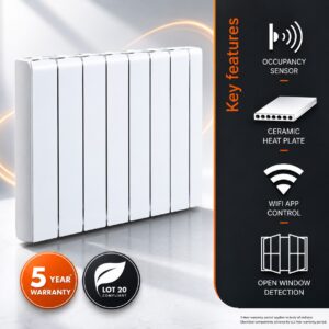 The Electrorad Accorto 2000w Electric Radiator with Occupancy Sensor and WiFi Control. This infographic details the 5-year warranty period which applies to the aluminium body of the radiator and the ceramic heat-retaining core. Also detailed here is the open window sensor which helps to prevent wasted energy bu shutting-down the radiator's output when a drop in room temperature is detected as a result of an open window. The graphic aims to educate on the benefits of the integral occupancy sensor too, which prevents the radiator from heating unoccupied rooms.