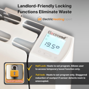 Electrorad Accorto Electric Radiator main product image detailing the landlord locking function. This is a particularly valuable feature for property managers, hotel owners, student accommodation managers and landlords who need to prevent energy waste. Preventing guests and tenants from leaving the heating turned on helps to save money and protect the environment.