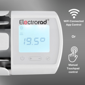 Detail image close-up showing the accessibility controls for the Electrorad Accorto Electric Radiator. It can be controlled either directly with the simple integrated user interface, or via the smartphone app. Either control option alows the user to have easy access to heat on demand, programming, and several energy-savinng functions.