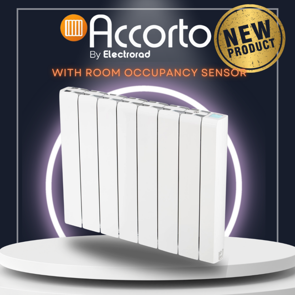 Main product image and branding for Electrorad Accorto Radiators. The Accorto Electric Radiator by Electrorad features a ceramic heat-retaining core and cutting-edge room occupancy detection, so you'll never heat an empty room again.