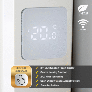 Detail shot of the touch screen control of an Aeroflow Electric Radiator with added information