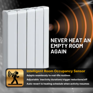 Infographic showing the Accorto Electric Radiator's room occupancy sensor and functions.