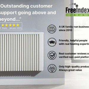 Product image of Aeroflow Radiator detailing the benefits of buying from Electric heating Expert. Points to note are: A UK-run business since 2010. Friendly and helpful people with real heating expertise. Real customer reviews on non-paid platforms. Only high-quality products and always great value.
