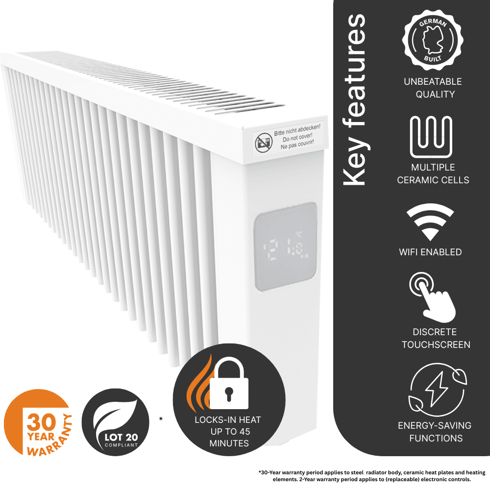 Image of the AF12E 1200w low-height electric radiator from Electrorad. Main product image.