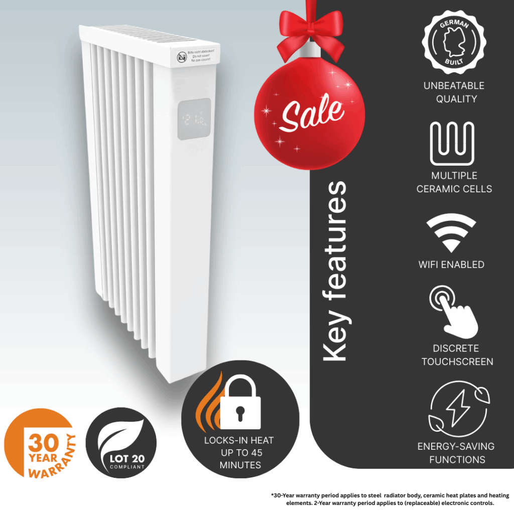 The 650w AF01E Aeroflow German Electric Radiator main product image detiliang the ceramimc clay core, heat retention, energy-saving technology, and controls designed for easy access.