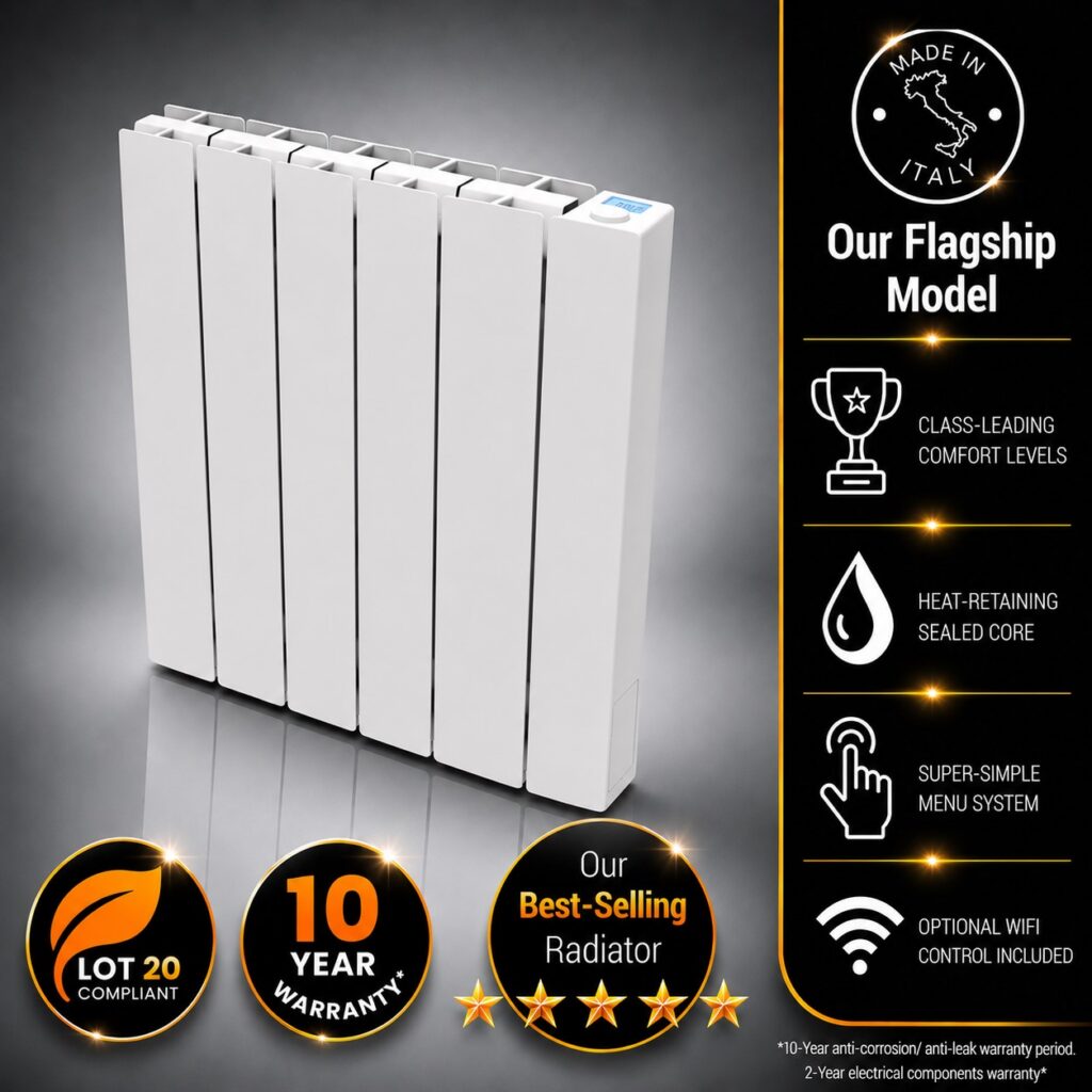 This image depcits the 1000w Vantage Connect Electric WiFi Radiator within an infographic. Information incuded is the 10-year warranty period, class-leading comfort levels on offer, WiFi control, and heat-retaining sealed fluid core.