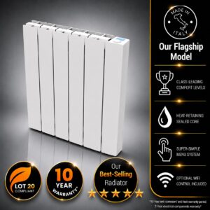 This image depcits the 1000w Vantage Connect Electric WiFi Radiator within an infographic. Information incuded is the 10-year warranty period, class-leading comfort levels on offer, WiFi control, and heat-retaining sealed fluid core.