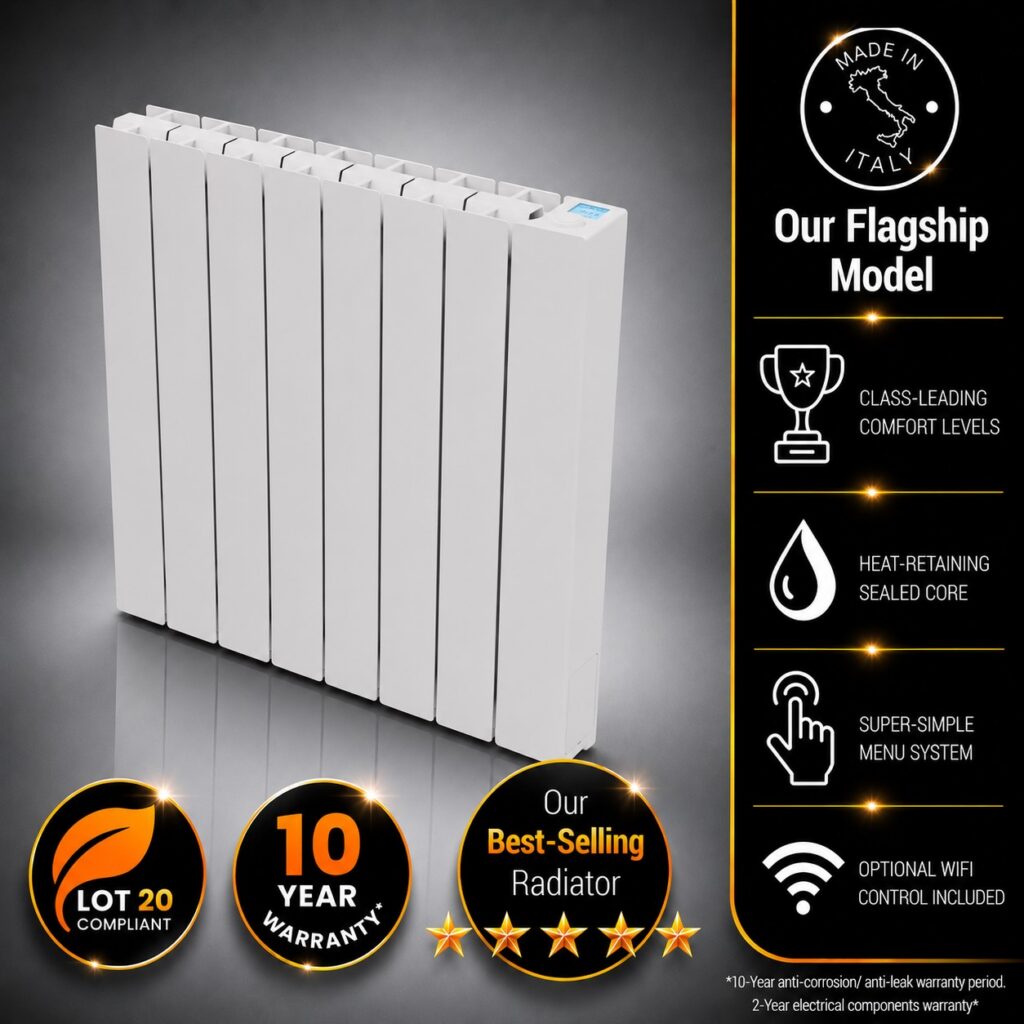 This image depcits the 1250w Vantage Connect Electric WiFi Radiator within an infographic. Information incuded is the 10-year warranty period, class-leading comfort levels on offer, WiFi control, and heat-retaining sealed fluid core.
