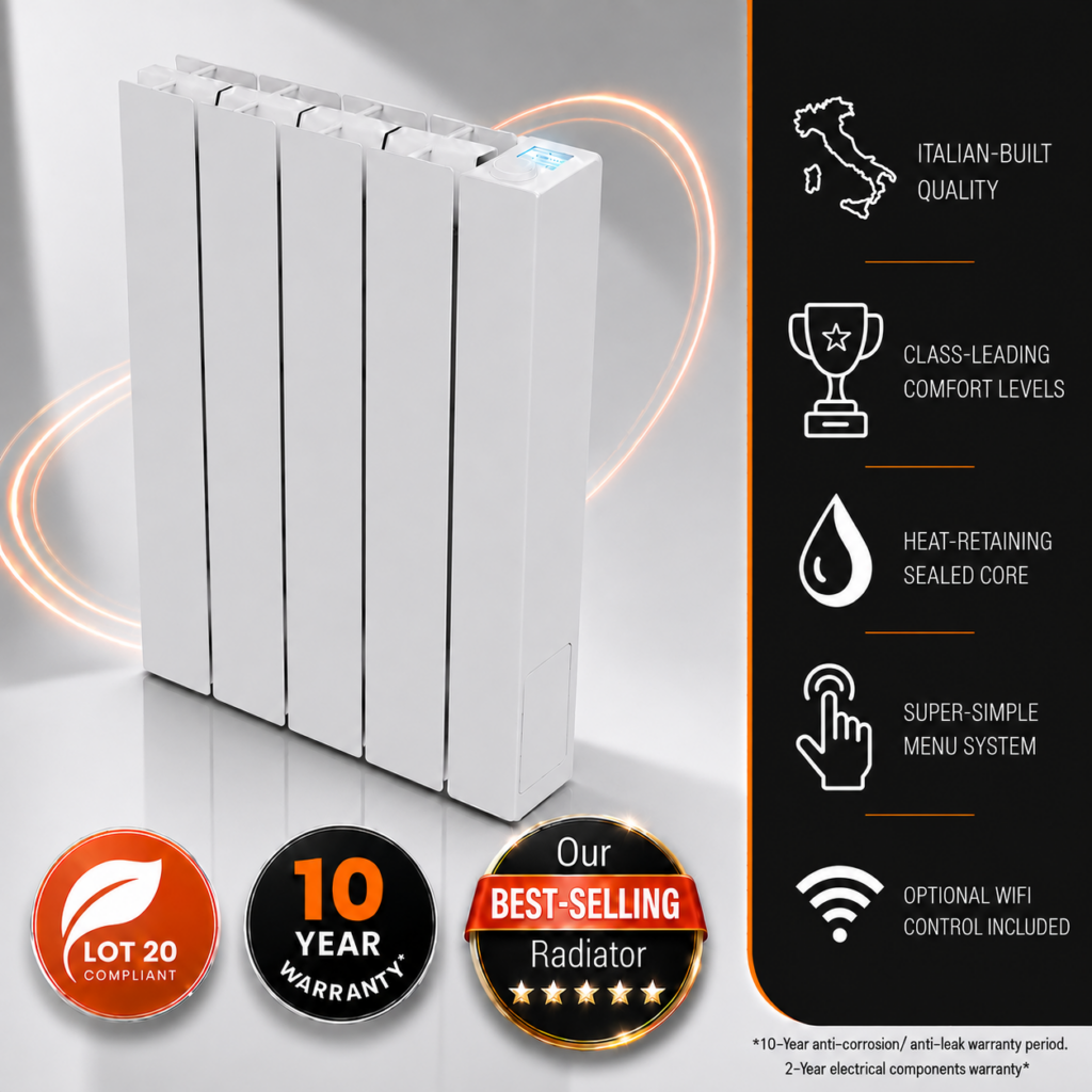 This image depcits the 750w Vantage Connect Electric WiFi Radiator within an infographic. Information incuded is the 10-year warranty period, class-leading comfort levels on offer, WiFi control, and heat-retaining sealed fluid core.