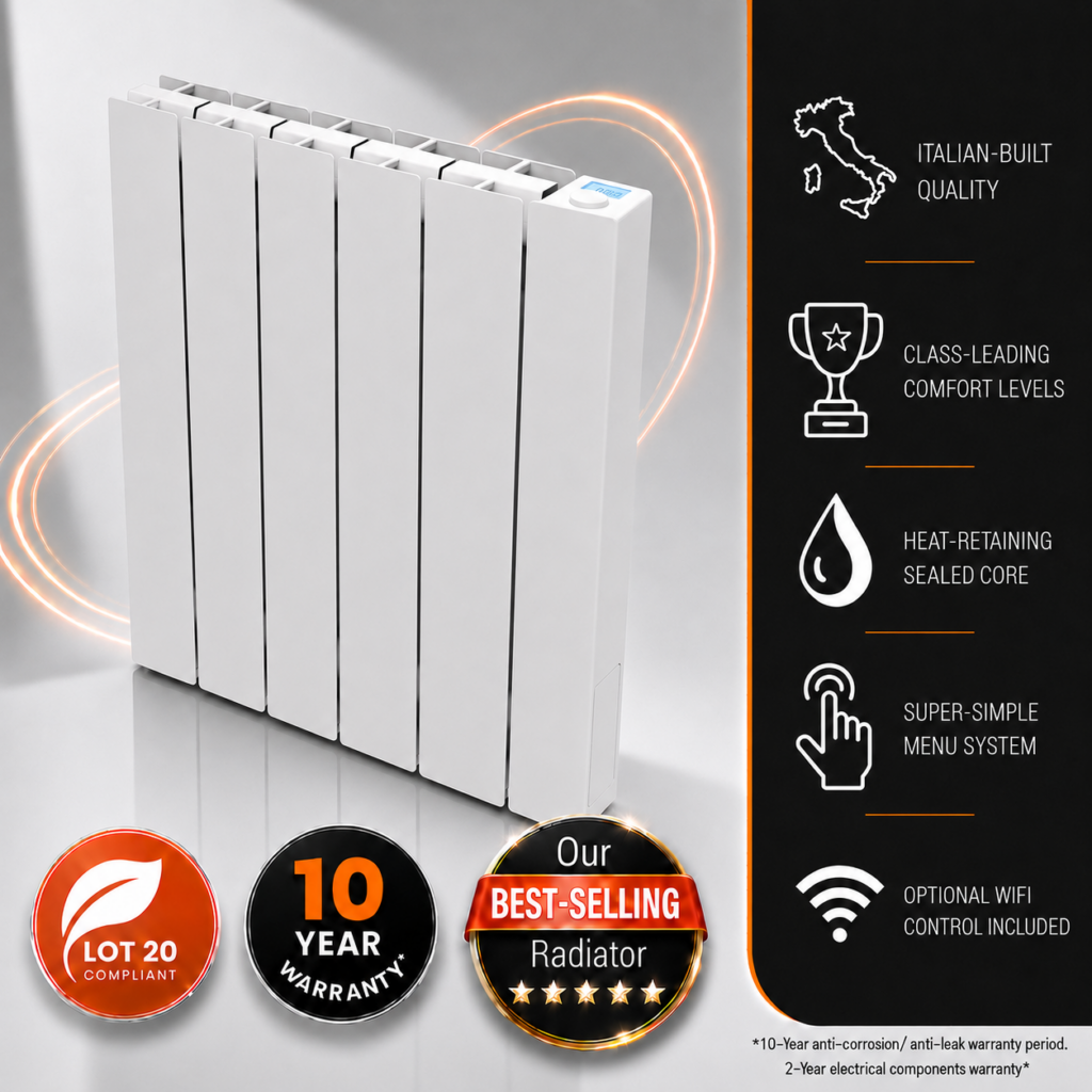 This image depcits the 1000w Vantage Connect Electric WiFi Radiator within an infographic. Information incuded is the 10-year warranty period, class-leading comfort levels on offer, WiFi control, and heat-retaining sealed fluid core.