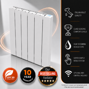 This image depcits the 1000w Vantage Connect Electric WiFi Radiator within an infographic. Information incuded is the 10-year warranty period, class-leading comfort levels on offer, WiFi control, and heat-retaining sealed fluid core.