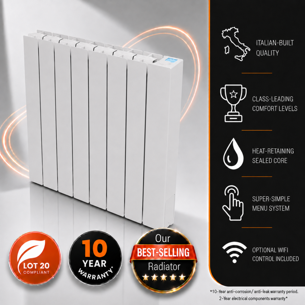This image depcits the 1250w Vantage Connect Electric WiFi Radiator within an infographic. Information incuded is the 10-year warranty period, class-leading comfort levels on offer, WiFi control, and heat-retaining sealed fluid core.