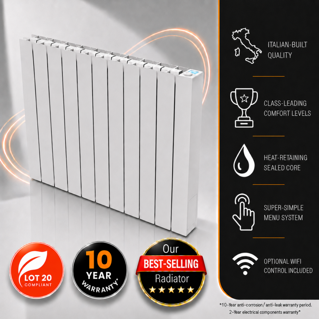 This image depcits the 1800w Vantage Connect Electric WiFi Radiator within an infographic. Information incuded is the 10-year warranty period, class-leading comfort levels on offer, WiFi control, and heat-retaining sealed fluid core.
