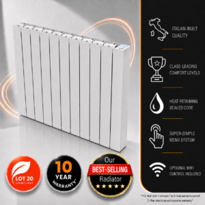 This image depcits the 1800w Vantage Connect Electric WiFi Radiator within an infographic. Information incuded is the 10-year warranty period, class-leading comfort levels on offer, WiFi control, and heat-retaining sealed fluid core.