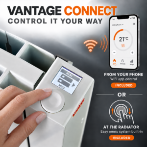 Image showing the conntrol options available on the Vantage Connect electric Radiator which include both WiFi app control via a smartphone, or full control using the integrated control wheel and intuitive menus system.