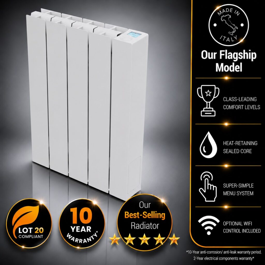 This image depcits the 750w Vantage Connect Electric WiFi Radiator within an infographic. Information incuded is the 10-year warranty period, class-leading comfort levels on offer, WiFi control, and heat-retaining sealed fluid core.