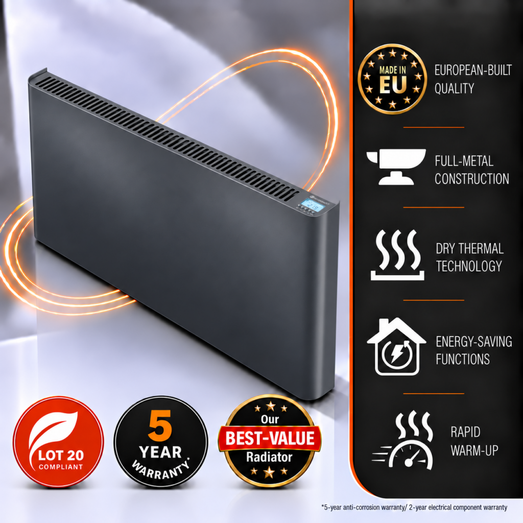 Ecopanel XT Electric Radiators in stunning anthracite grey finish. This image details the country of manufacture, the energy-saving functionality and the all-metal construction, making the Ecopanel XT a high-quality choice for homeowners.