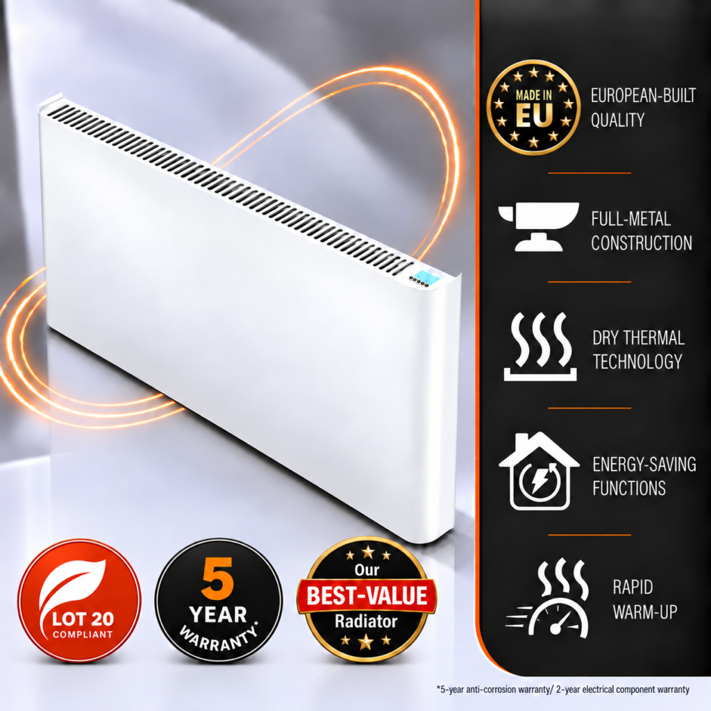 Main product image with inforgraphic detailing the 2000w Ecopanel XT Electric Radiator and its energy-saving features and functions.