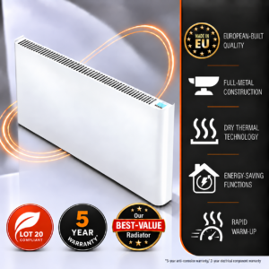 Main product image with inforgraphic detailing the 2000w Ecopanel XT Electric Radiator and its energy-saving features and functions.