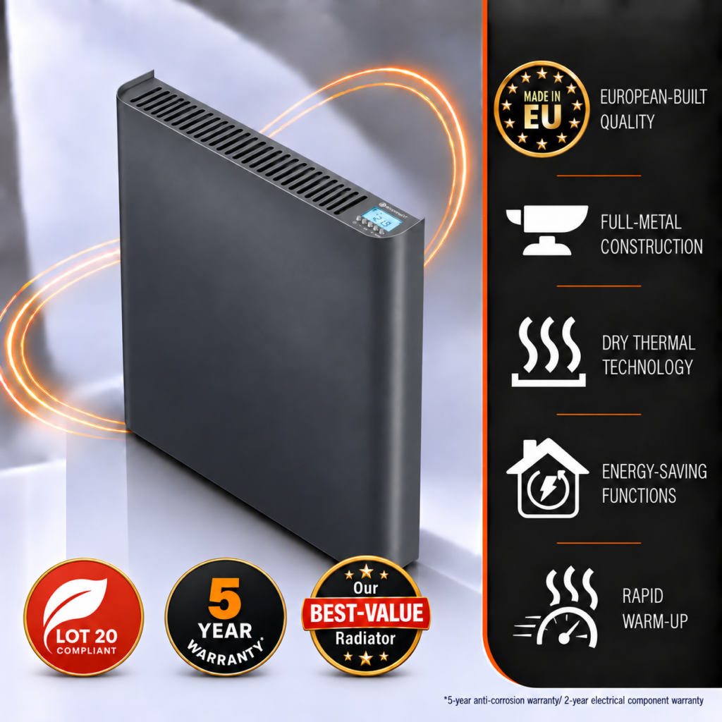 Ecopanel XT Electric Radiators in stunning anthracite grey finish. This image details the country of manufacture, the energy-saving functionality and the all-metal construction, making the Ecopanel XT a high-quality choice for homeowners.