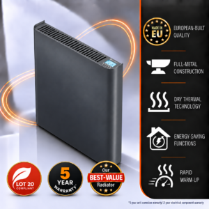 Ecopanel XT Electric Radiators in stunning anthracite grey finish. This image details the country of manufacture, the energy-saving functionality and the all-metal construction, making the Ecopanel XT a high-quality choice for homeowners.
