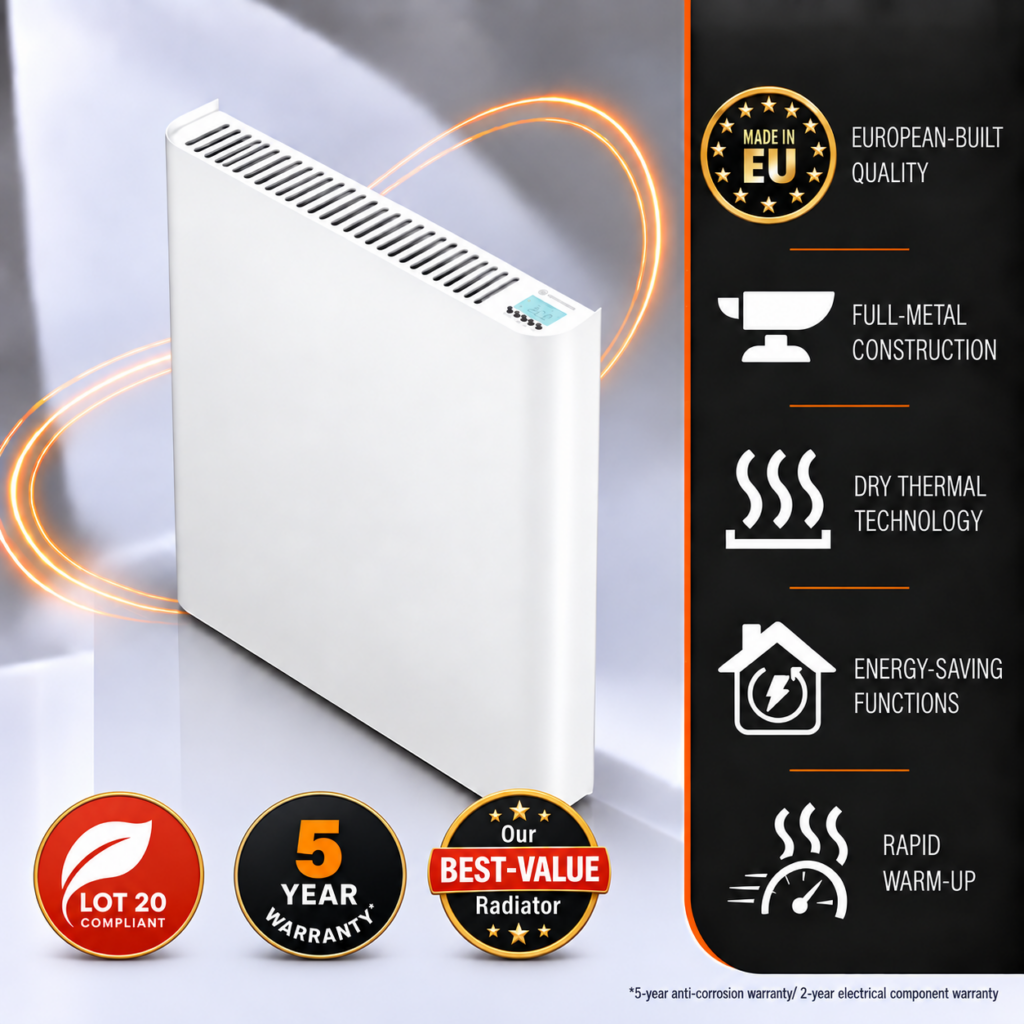 Main product image with inforgraphic detailing the 600w Ecopanel XT Electric Radiator and its energy-saving features and functions.