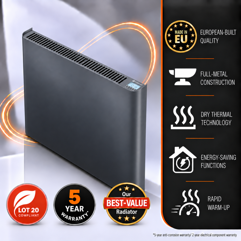 Ecopanel XT Electric Radiators in stunning anthracite grey finish. This image details the country of manufacture, the energy-saving functionality and the all-metal construction, making the Ecopanel XT a high-quality choice for homeowners.