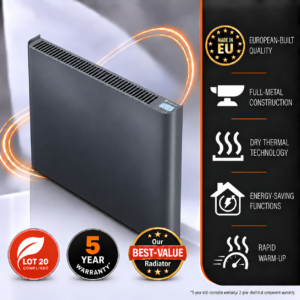 Ecopanel XT Electric Radiators in stunning anthracite grey finish. This image details the country of manufacture, the energy-saving functionality and the all-metal construction, making the Ecopanel XT a high-quality choice for homeowners.