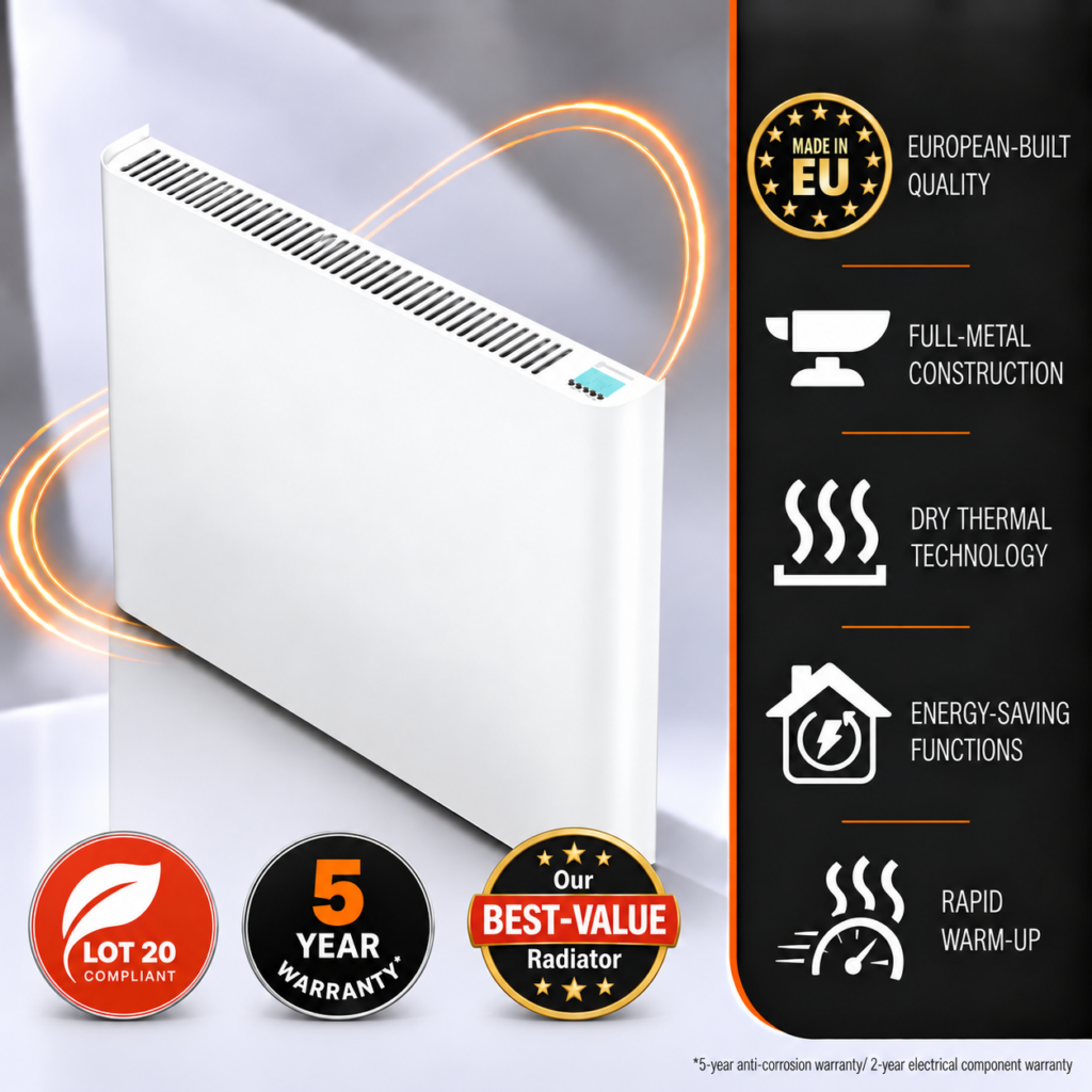 Main product image with inforgraphic detailing the 900w Ecopanel XT Electric Radiator and its energy-saving features and functions. This size Ecopanel XT is suitable for small rooms like single bedrooms, studys or hallways.