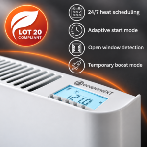 Image details the energy-savinig functions present ont he Ecopanel XT electric Radiator. They include Open WIndow Sensor, Adaptive Start Mode, and 24/7 heat scheduling.
