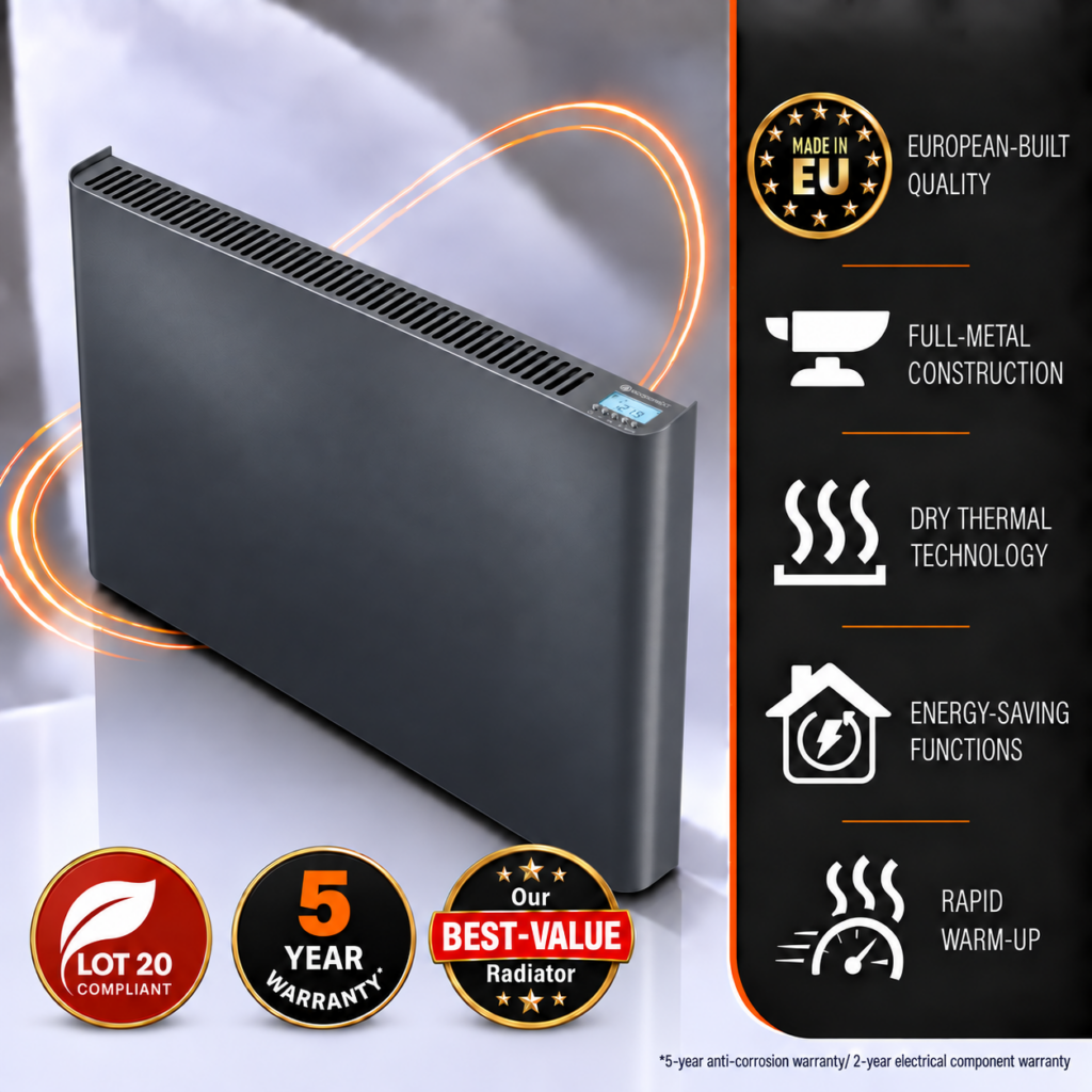 Ecopanel XT Electric Radiators in stunning anthracite grey finish. This image details the country of manufacture, the energy-saving functionality and the all-metal construction, making the Ecopanel XT a high-quality choice for homeowners.
